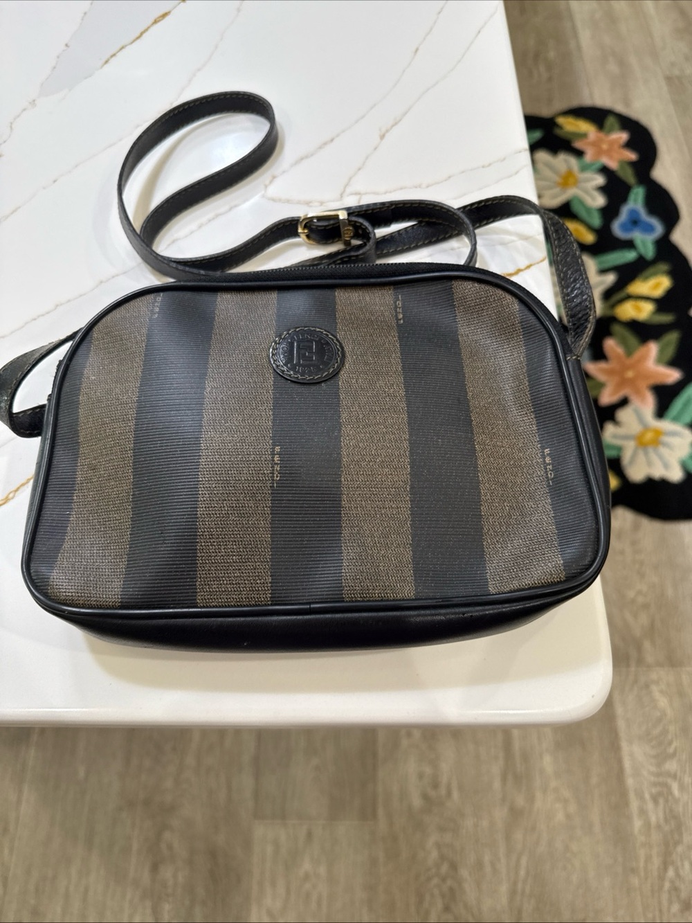 Fendi Pequin Striped Zip Small Crossbody Bag Brown/Black w/ Dust Bag